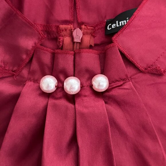 Satiny Sleek Blouse with Pearl Mock Neck Long Sleeves Size Large - Picture 6 of 9